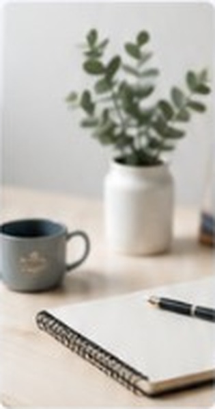 Schreibtisch mit Notizbuch, Tasse und Pflanze